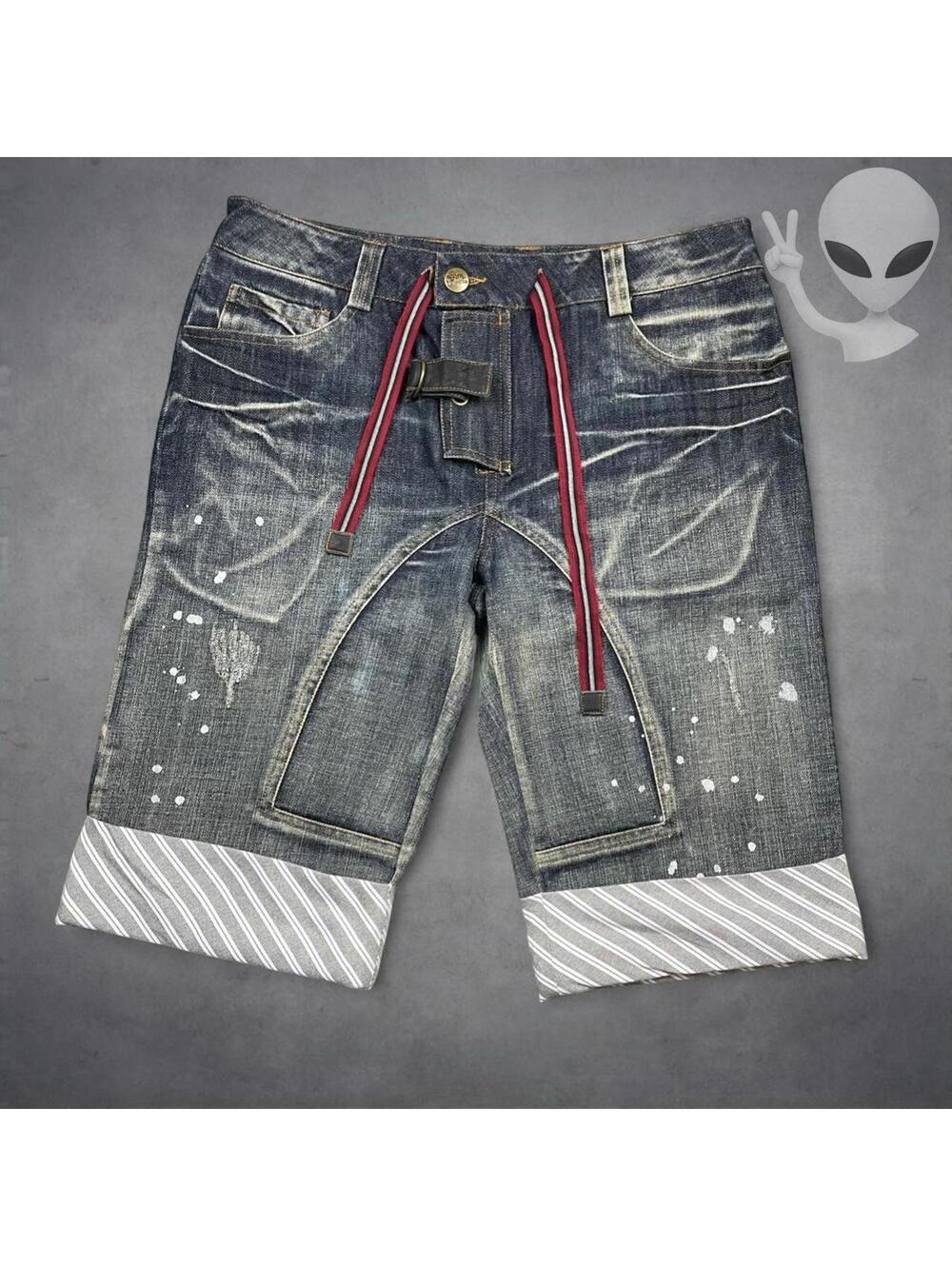 SpyHenrylau Designer Denim Shorts Mens 34 Paint Splatter Striped Cuff Y2K Size